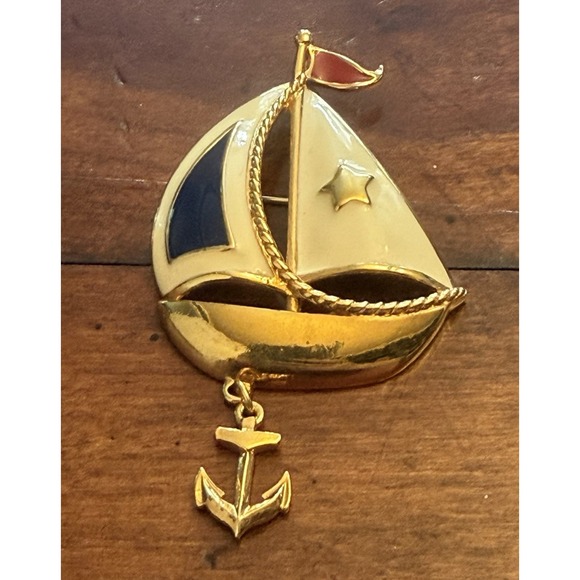 Avon Jewelry - Vintage‎ Avon Signed Enamel Sailboat Brooch Pin Gold Tone Dangling Anchor Star